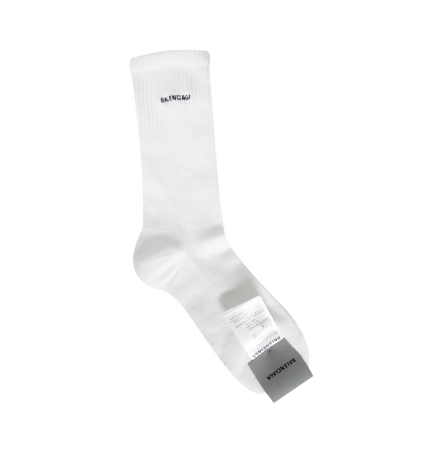Image 1 of 2 - WHITE - Balenciaga Logo Socks are crafted from a cotton-blend fabric and feature a high-sock silhouette, breathable construction, and ribbed finishes for a secure, comfortable fit. Main Material: 75% Cotton, 23% Polyamide, 2% Elastane. Embroidery: 100% Polyester. Fit: Regular. Details: Embroidered Balenciaga Logo.