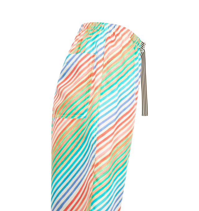 Image 3 of 3 - MULTI - CHRISTOPHER JOHN ROGERS Crayon Stripe Silk Bias Shorts featuring vibrant crayon stripes, adjustable waistband, side slip pockets, back patch pocket, relaxed fit, knee length and slip-on closure. Silk. Made in USA.