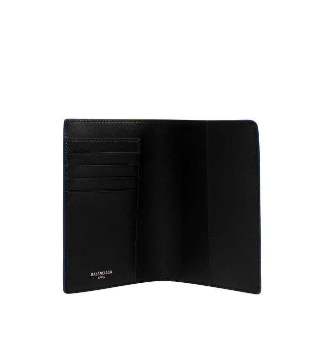 Image 3 of 3 - NAVY - Balenciaga Logo Passport Holder has 4 card slots, 1 flat pocket, and a signature brand logo printed on the front. 3.9 x 5.5 0.6 inches. 100% calfskin. Made in Italy.