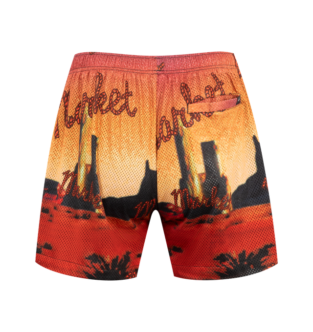 Image 2 of 3 - ORANGE - MARKET Desert League Shorts featuring mesh shorts in an all over desert illustration print, an elastic waistband with concealed drawstring, side slit pockets and back welt pocket. 100% polyester.