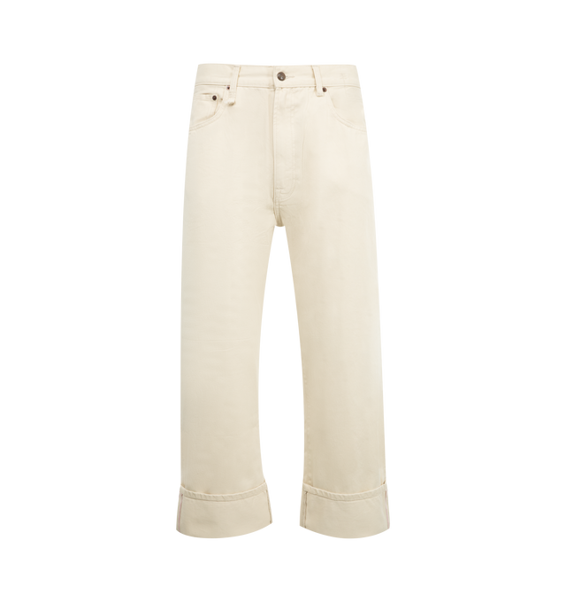 Image 1 of 3 - WHITE - R13 Cuffed X-BF Jeans featuring wide-leg non-stretch denim, fading, whiskering, and subtle distressing throughout, belt loops, five-pocket styling, zip-fly, folled cuffs and leather logo patch at back waistband. 92% cotton, 8% elastomultiester.