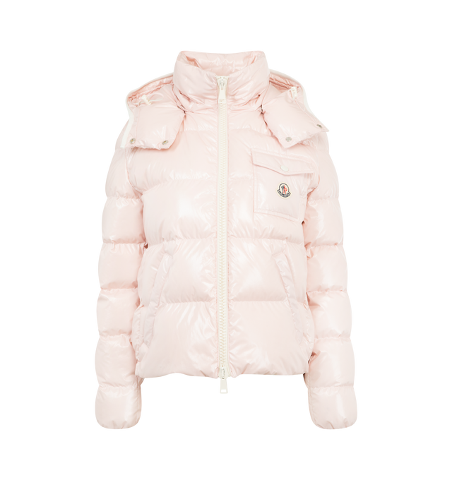 Image 1 of 4 - PINK - MONCLER Andro Hooded Short Down Jacket featuring nylon, longue saison lining, down-filled, detachable and adjustable hood, zipper closure, zipped pockets and elastic cuffs and hem. 100% polyamide/nylon. Padding: 90% down, 10% feather. Made in Romania.