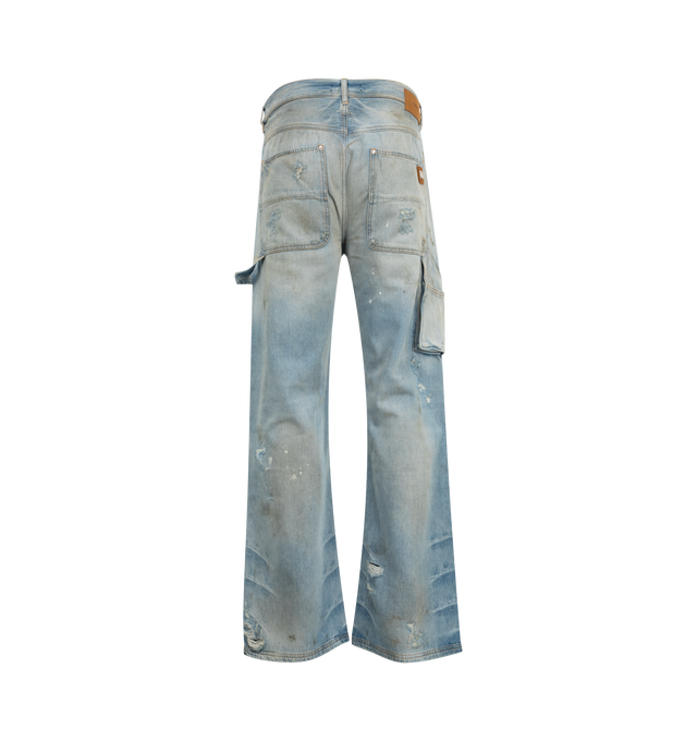 Image 2 of 3 - BLUE - AMIRI Lightweight Carpenter Jean featuring straight-leg, a whiskering effect, belt loops, paneled detailing, classic five pockets, side cargo pocket, and side hammer loop. 100% cotton.