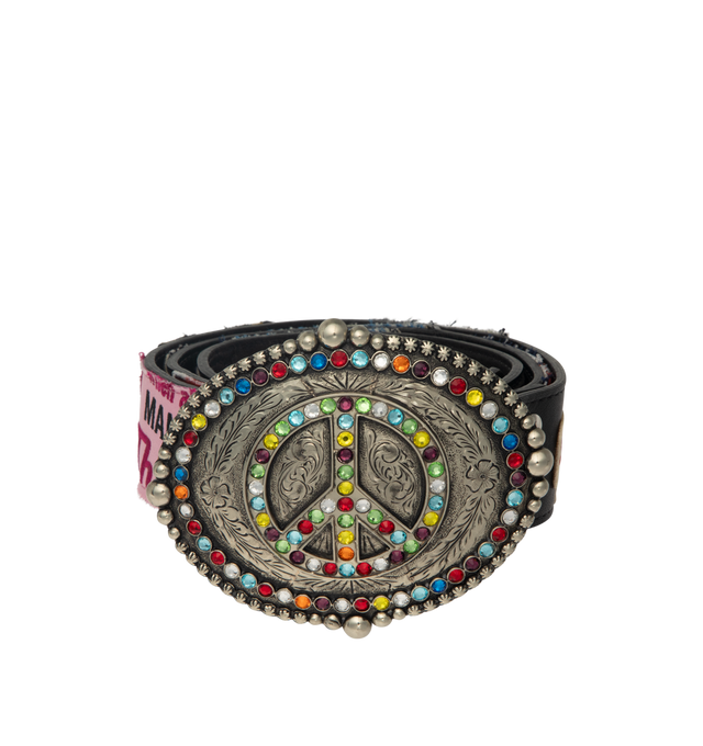 Image 1 of 3 - MULTI - SATOSHI NAKAMOTO Codex Patch Belt featuring a vibrant patchwork design and a large peace sign buckle. 100% leather.