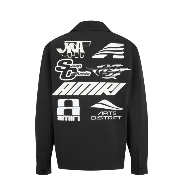Image 2 of 2 - BLACK - AMIRI Sport Emb Cotnyl Camp Shirt featuring button front closure, graphics printed on chest and back, button cuffs and notched collar. Made in Italy.
