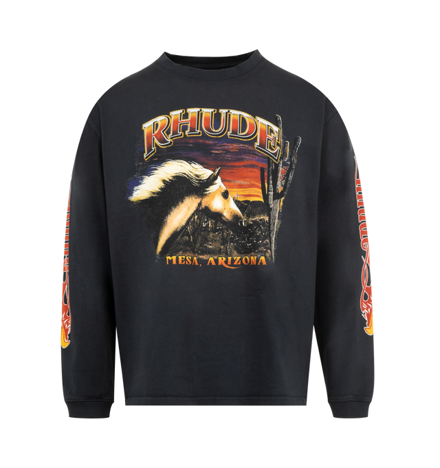 Image 1 of 3 - BLACK - RHUDE Mesa Stallion T-shirt featuring graphic print, long sleeves, crew neck, flame detail to the sleeves and ribbed cuffs. 100% cotton.