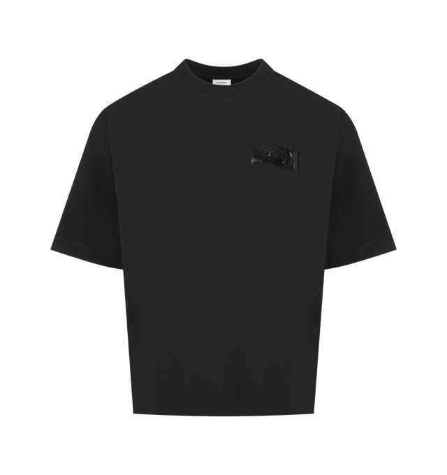Image 1 of 2 - BLACK - VETEMENTS Taped Logo T-shirt featuring cotton jersey, rib-knit crewneck and tape appliqu with logo at chest and back. 100% cotton. Made in Portugal.
