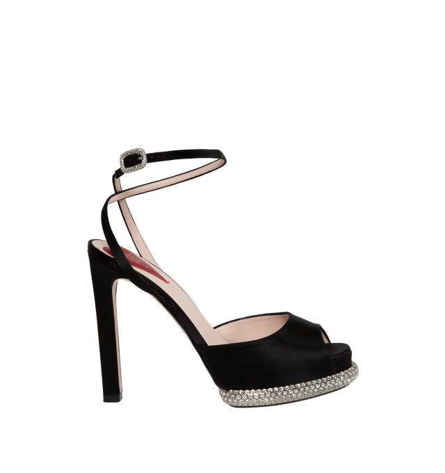 Image 1 of 4 - BLACK - ROGER VIVIER Viv' Choc Strass Platform Sandals featuring silk blend satin upper, suede detailing, ankle strap with mini rhinestone buckle, leather insole with heart-shaped insert, heel 4.7 inches and leather outsole. 