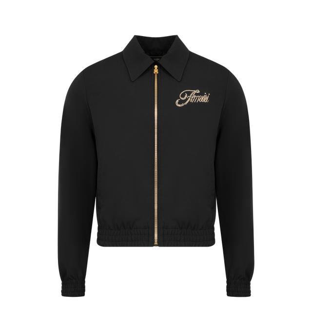 Image 1 of 3 - BLACK - AMIRI Club Amiri Jacket featuring polyester satin, crystal-embellished Club Amiri script on the chest and back, point collar, full-zip front, branded zip pulls, side slip pockets, long sleeves and ribbed cuffs and hem. Polyester/wool. Made in Italy.
