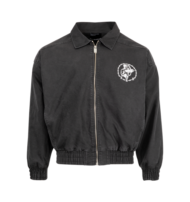 Image 1 of 3 - BLACK - ENFANTS RICHES DEPRIMES Chapitre XXI Moleskin Work Jacket featuring zip front closure, cotton herringbone lining, spread collar, elastic cuffs and waistband, seam pockets at waist and printed artwork. 100% cotton. Made in the USA.