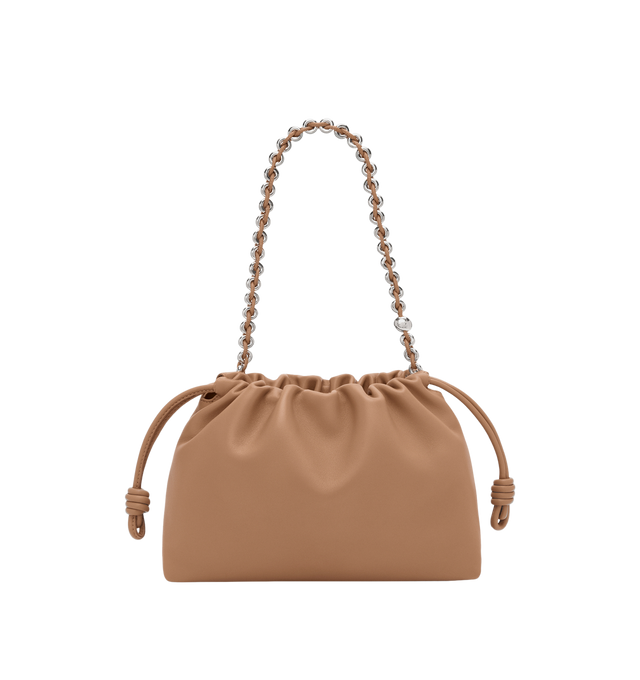 Image 2 of 6 - BROWN - LOEWE Medium Flamenco Purse featuring a lightweight and soft bag with a ruched shape, historical knot drawstrings, shoulder, crossbody or hand carry, detachable donut chain with Anagram Pebble, detachable and adjustable leather strap, magnetic closure, suede lining and embossed LOEWE. Mellow nappa lambskin. 20 cm x 30 cm x 10.5 cm. Made in Spain.