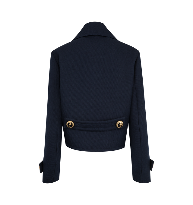 Image 2 of 3 - NAVY - BALENCIAGA Cropped Peacoat in textured wool featuring cropped fit, wide notch lapel, 4-button double-breasted front, gold-toned anchor buttons, button-tab sleeves and 2 welt pockets. 100% wool. Lining: 100% viscose. Made in Italy.