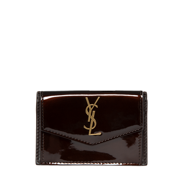 Image 1 of 3 - BROWN - SAINT LAURENT Uptown Card Case featuring snap button closure, flap coin pocket, one coin purse and three card slots. 4.1 X 2.8 X 0.6 inches. 90% calfskin leather, 10% metal. 