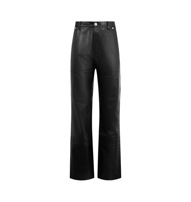 Image 1 of 3 - BLACK - WALES BONNER Nomad Leather Trouser featuring leather biker trouser with front panel details, carpenter pocket, brass rivets and viscose lining. 100% calf leather. Made in Morocco.