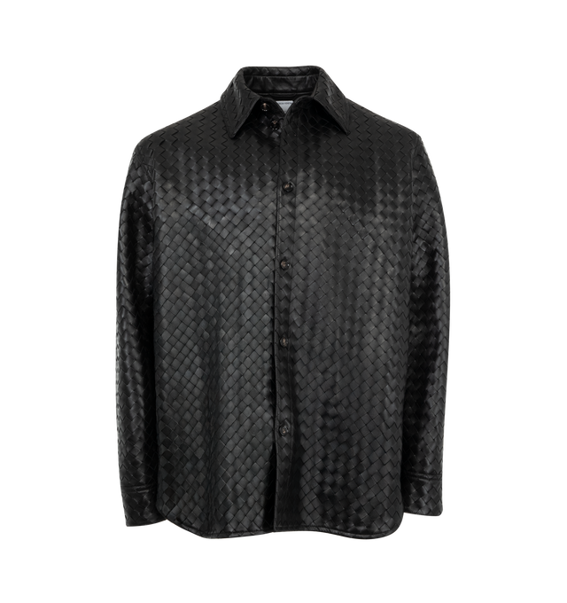 Image 1 of 2 - BLACK - Bottega Veneta Men's Leather Intrecciato Shirt crafted from 100% Lamb Leather with classic collar, long sleeves and button-front closure. Made in Italy.