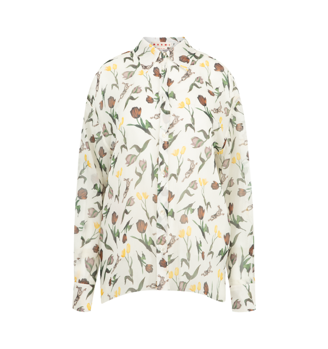 Image 1 of 2 - WHITE - MARNI Chiffon Shirt featuring a printed motif of tulips and jumping hares, long sleeves, button front closure, collar, relaxed fit and gathered back yoke. 100% silk. Lining: 60% cupro, 40% silk. Made in Italy.