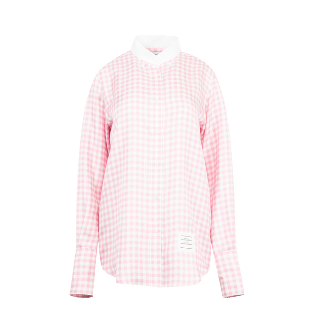 Image 2 of 3 - PINK - THOM BROWNE Gingham Shirt featuring removable collars and cuffs, front button closure, name tag applique, pleated back yoke with locker loop and signature striped grosgrain loop tab. 100% silk. Made in Italy.