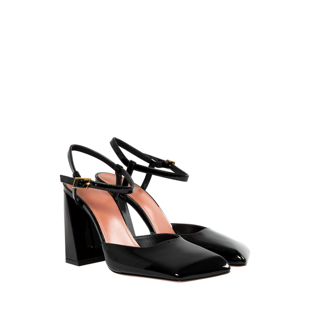 Image 2 of 4 - BLACK - AMINA MUADDI Charlotte Patent Pumps featuring buckle-fastening ankle strap, branded insole, high block heel and square toe. 95MM. 100% patent calf leather. 