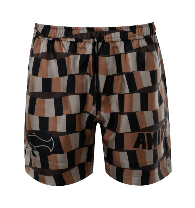 Image 1 of 3 - BROWN - AMIRI Checker Snake Silk Short featuring banded snake, abstracted checker print, side seam pockets and elastic waist with drawstring. 100% silk.  