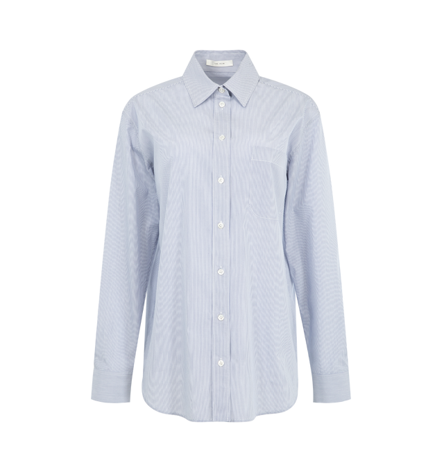 Image 1 of 2 - BLUE - THE ROW Gavina Shirt featuring classic button-up shirt in pinstriped cotton poplin with front patch pocket, slim back yoke and exposed front button placket. 100% cotton. Made in Italy.