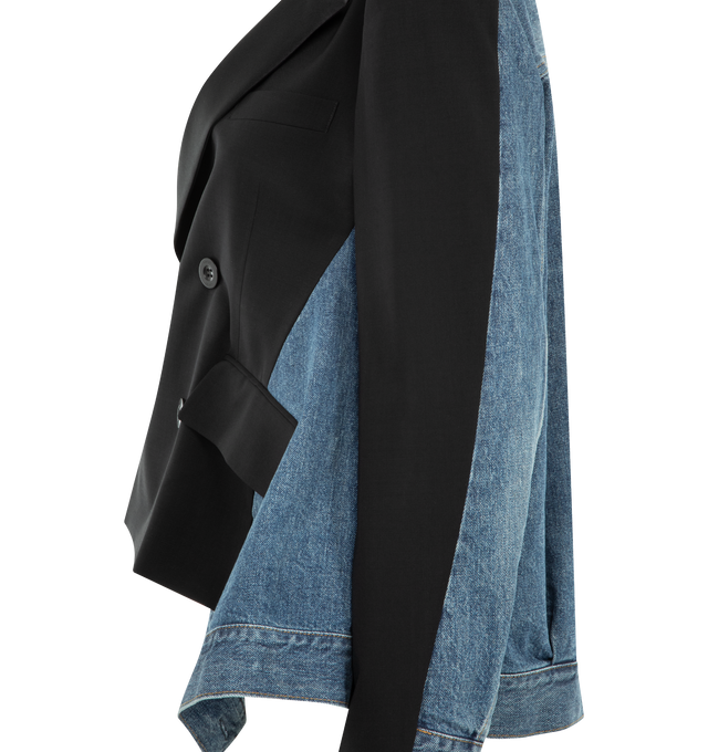 Image 3 of 3 - BLACK - SACAI Wool Suiting x Denim Jacket featuring double-breasted wool jacket, a modern construction, cotton denim panels, notched lapel, buttoned cuffs and adjustable tabs at the waist. 100% wool. 100% cotton. 100% polyester. Lining: 100% cupro. Made in Japan.