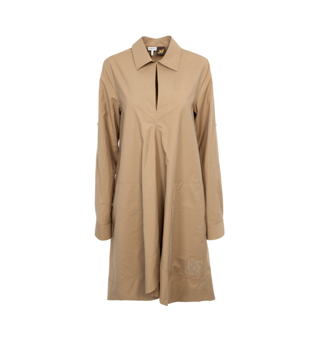 Image 1 of 4 - BROWN - LOEWE PAULA'S IBIZA Tunic Dress featuring lightweight textured cotton poplin, relaxed fit, mid length, trapeze silhouette, classic collar, long sleeves that can be rolled up, v-neck, patch pockets and Anagram ajour embroidery at the front. Cotton/polyamide. Made in Italy. 