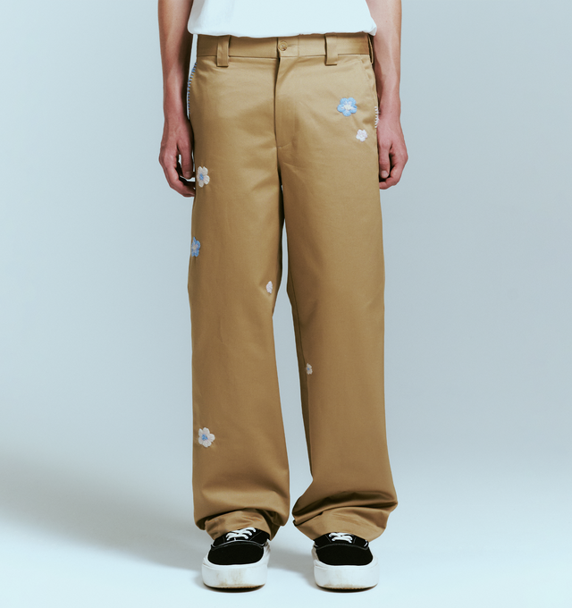 Image 2 of 4 - BROWN - NAHMIAS Flower Worker Pant featuring a straight-leg silhouette, flower embroidery throughout, button zip closure, side pockets, back welt pockets and belt loops at waist. 100% cotton.
