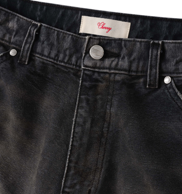 Image 4 of 6 - BLACK - Cherry LA Wide Leg Double Knee Pants are crafted from durable cotton canvas and feature a wide-leg silhouette with reinforced double-knee construction. Designed with a vintage-washed finish and distressed detailing throughout, this workwear-inspired style is finished with branded nickel hardware and a signature logo label at the back pocket. Main Material: Cotton Canvas. Fit: Wide Leg. Made in Los Angeles, California.