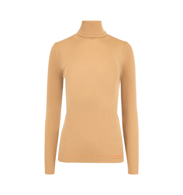 Image 1 of 2 - BROWN - MONCLER Logo Wool Turtleneck Sweater featuring Merino wool, rib knit, gauge 18, turtleneck and jacquard logo detail. 100% virgin wool. Made in Romania.