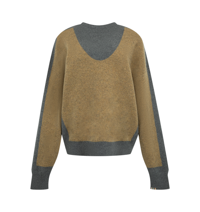 Image 1 of 2 - NEUTRAL - Extreme Cashmere Women's Trompe Sweater is crafted from cashmere jacquard knit and features a relaxed silhouette with dropped shoulders and a classic crew neckline. Defined by a trompe l'oeil motif of a second sweater with a curved neckline across the front, this warm knit is finished in a felt grey and hunter green color combination. Main Material: 100% Cashmere. *This garment is one size and suits s l best.