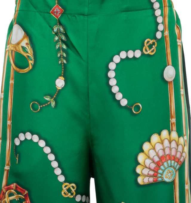 Image 4 of 4 - GREEN - CASABLANCA La Boite a Bijoux Trousers featuring elasticated waist, wide-fit leg, and all-over graphic. 100% silk. Made in Italy. 