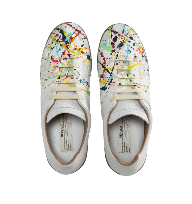 Image 5 of 5 - WHITE - MAISON MARGIELA Replica Sneakers featuring low-top sneakers in seude with colorful paint splatter effect at toe, lace-up closure and rubber sole.