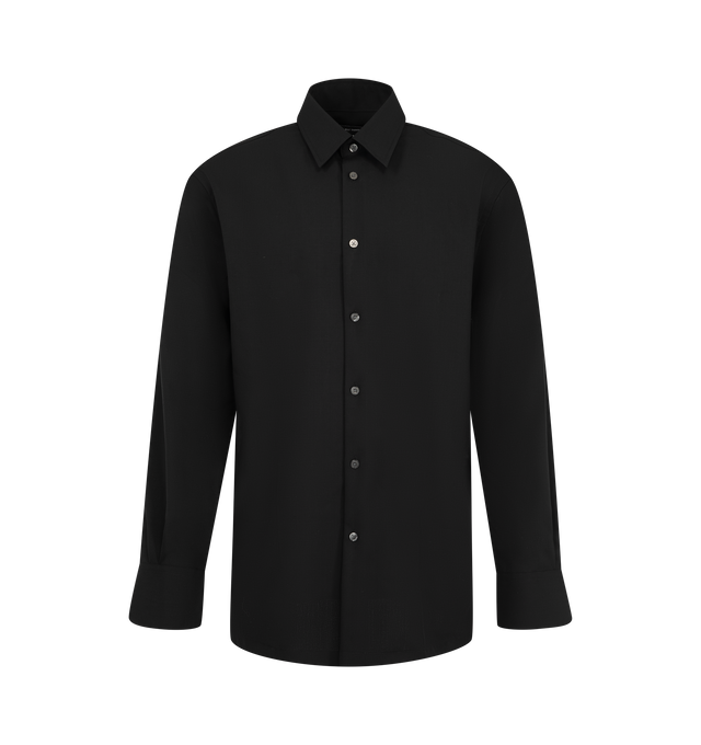 Image 1 of 2 - BLACK - The Willy Chavarria Men's Woolen Shirt is cut in a slim silhouette, offering a clean, refined take on classic shirting. Designed with a pointed collar, button-front placket, and button cuffs, it is finished with a straight hem for a polished, understated finish. Main: 100% Virgin Wool.