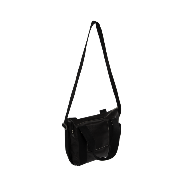 Image 2 of 3 - BLACK - RICK OWENS Mini Trolley Tote featuring twin webbing carry handles, adjustable webbing shoulder strap, carry handle at side, D-ring hardware and embossed logo at face, zip closure, patch pockets and zip pocket interior, unlined and logo-engraved silver-tone hardware. H12 x W10 x D4.5 in. Leather, textile. Made in Italy. 