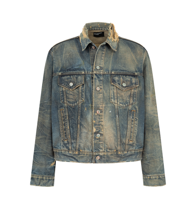 Image 1 of 3 - BLUE - ENFANTS RICHES DEPRIMES Type 3 Jacket featuring button front jacket in japanese selvedge denim, chest pocket with button closure flaps, welt pockets at waist, button closure adjustable tabs at back waist hem, signature vintage wash process and distressing throughout. Made in Japan.