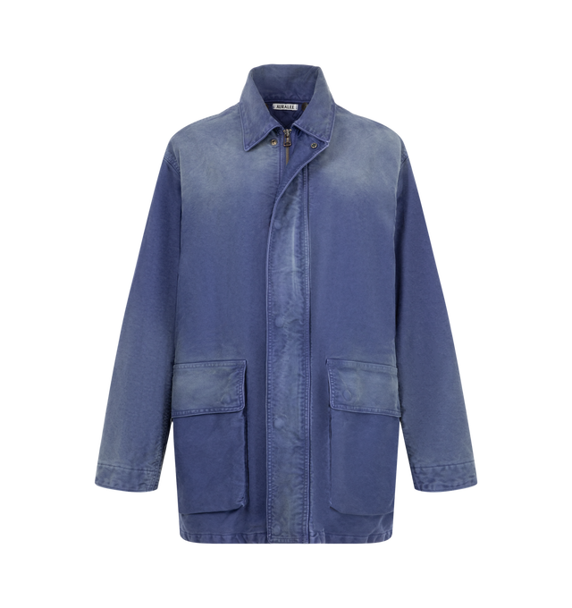 Image 2 of 3 - BLUE - Auralee Women's Garment-Dyed Organic Cotton Heavy Moleskin Blouson is crafted from densely woven organic cotton heavy moleskin and features an oversized silhouette, quilted lining, and a front zip closure. Garment-dyed and carefully hand-finished, each piece develops a subtle vintage character with unique tonal variations and texture. Designed to age beautifully over time, the fabric gains depth and individuality through wear, making it a distinctive everyday outerwear style. Main Mate