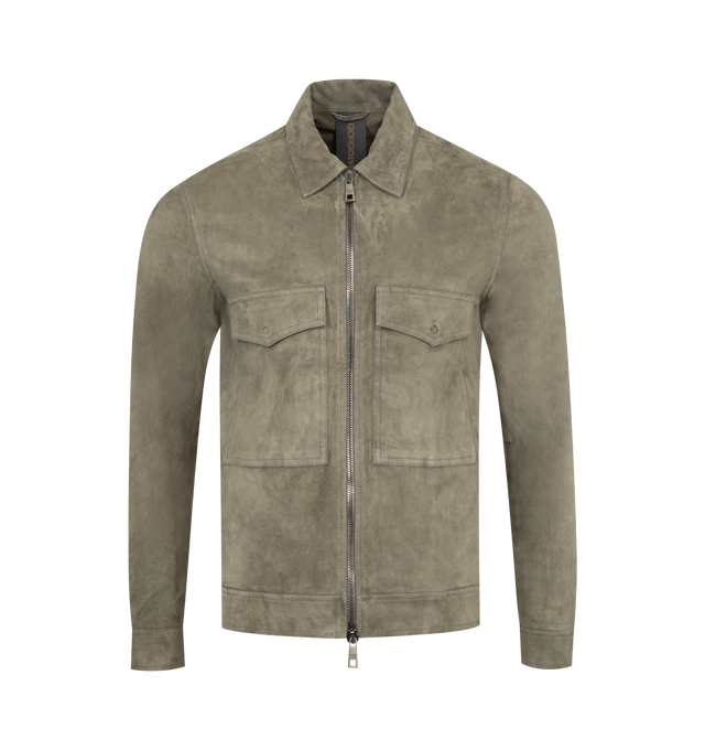 Image 1 of 3 - GREEN - GIORGIO BRATO Zip-Up Leather Jacket featuring two-way zip closure, two chest flap pockets, two side slit pockets, buttoned cuffs and classic collar. 100% calf leather. Made in Italy.