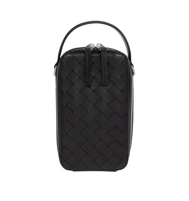 Image 1 of 3 - BLACK - BOTTEGA VENETA Getaway Phone Pouch featuring handle and adjustable cross-body strap, one main compartment, one flat inside pocket, leather gussets preventing items to fall from the sides and zip closure. Calfskin. Lining: canvas. 7.5 x 4.3" x 1.6. Made in Italy.