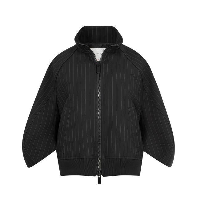 Image 1 of 3 - BLACK - SACAI Matelasse Twill Bomber Jacket featuring pinstripes throughout, stand collar, zip closure, welt pockets at waist, rib-knit hem, raglan sleeves and fully lined. 99% polyester, 1% rayon. Lining: 100% polyester. Made in Japan.