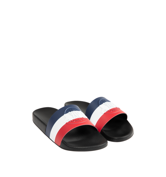 Image 2 of 4 - MULTI - MONCLER Basile Slides featuring rubber slide, stripe band and EVA sole. 100% elastodiene. Made in Italy.
