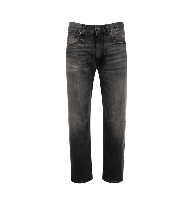 Image 1 of 3 - BLACK - R13 boyfriend jeans in faded medium-wash denim in a five-pocket, mid-rise style, sits high on the hip with relaxed, straight legs, ankle length featuring belt loops and button/zip fly. Cotton.
