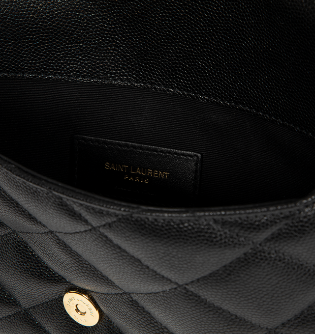 Image 3 of 3 - BLACK - Saint Laurent Womens Envelope Pouch is crafted from lambskin leather. Features the signature CASSANDRE logo, diamond-quilted topstitching, snap-button closure, cotton lining, and bronze-tone hardware. Dimensions: 27 16 1 cm. Main Material: Lambskin Leather; Hardware: Brass; Lining: Cotton. Made in Italy.