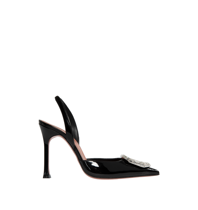Image 1 of 4 - BLACK - AMINA MUADDI Camelia Patent Slingback Pumps featuring pointed toe, crystal embellishment, branded insole, slingback strap and high heel. 100% calf leather.  