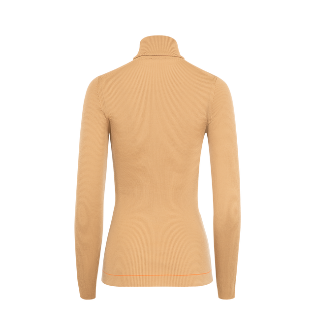 Image 2 of 2 - BROWN - MONCLER Logo Wool Turtleneck Sweater featuring Merino wool, rib knit, gauge 18, turtleneck and jacquard logo detail. 100% virgin wool. Made in Romania.