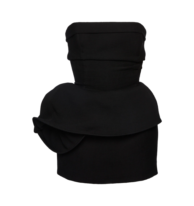 Image 1 of 2 - BLACK - MAGDA BUTRYM Strapless Mini Dress featuring sculptural peplum, mini length, an internal corset, defined at the waist with a wide asymmetric peplum that wraps from the back to the front, ending in a voluminous floral twist on the side, hips are subtly accentuated with padding for shape, fastens at the back with a concealed zipper and internal corset closes with hook-and-eye tape. 90% viscose, 10% polyamide. Lining: 100% silk.
