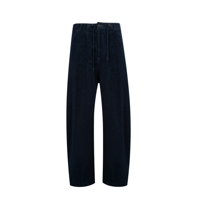 Image 1 of 3 - NAVY - NEEDLES HD Jean featuring wide, exaggerated HD shape, darts sewn into the waist and hem, loose, comfortable fit and a unique chenille with Japanese washi woven in. 56% cotton, 44% paper. Made in Japan.