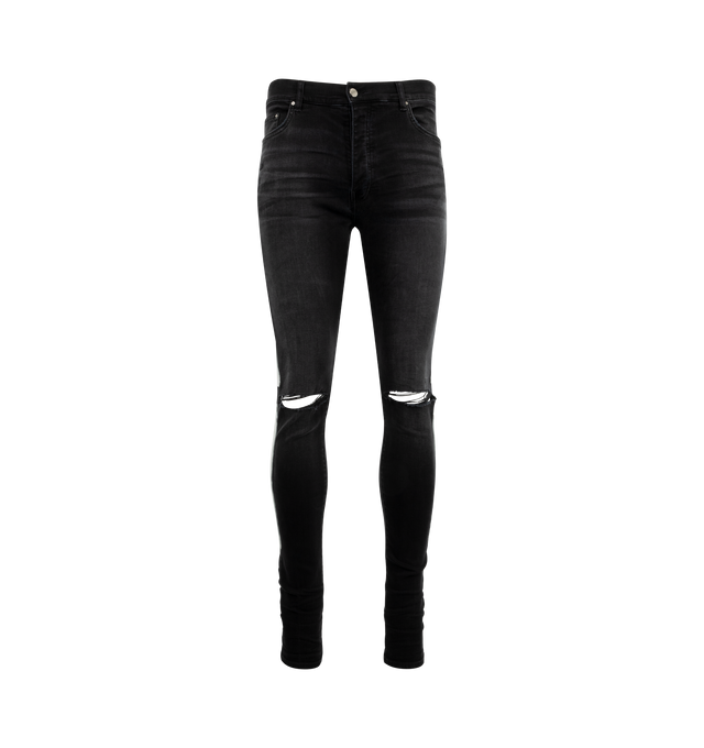 Image 1 of 4 - BLACK - AMIRI Bones Applique Distressed Jeans featuring white leather bones throughout side seams, distressed details throughout, tapered fit and ripped knees. 92% cotton, 6% elastomultiester, 2% elastane.