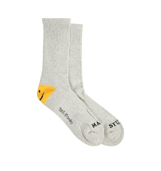 Image 1 of 5 - GREY - MARKET Smiley Heel Socks featuring a soft and stretchy cotton/spandex blend, comfortable, breathable fit and Smiley graphic on the heel.