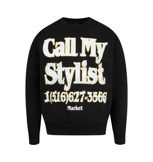 Image 1 of 2 - BLACK - MARKET X HIRSHLEIFERS Call My Stylist Crewneck featuring long sleeves, crewneck, ribbed cuffs and hem and graphic print on front. Cotton.