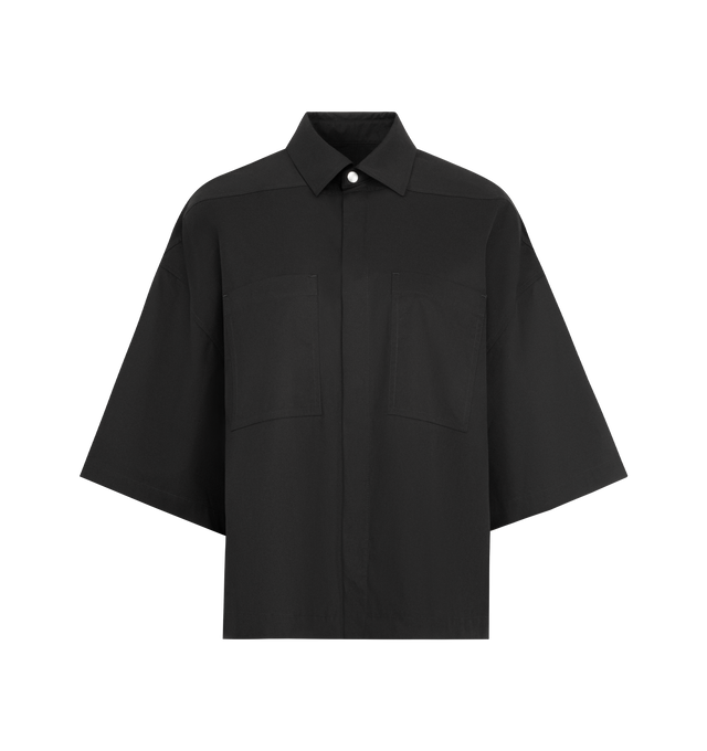 Image 1 of 2 - BLACK - RICK OWENS Tommy Shirt featuring elongated short sleeves, pointed collar, concealed button closure, two chest pockets and straight hem.